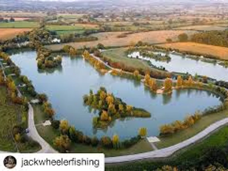 An aerial view of Big Hayes lake at Todber Manor Fisheries in Dorset.