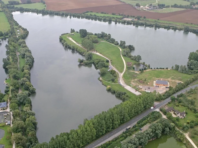 An aerial view of the iconic Horseshoe Lake in Gloucestershire, managed by The Carp Society.