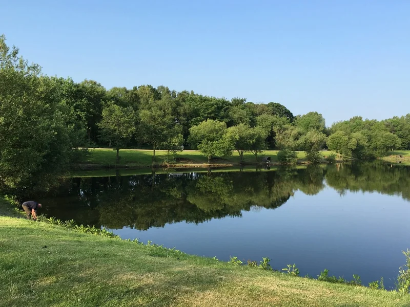 A scenic view of Foxes Lake at the Wyreside Lakes complex in Lancashire, a challenging carp fishing water.