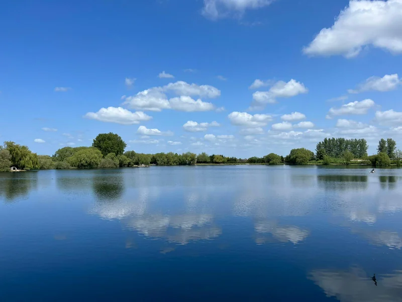A tranquil view of Cromwell Lake, a premier specimen carp fishery.