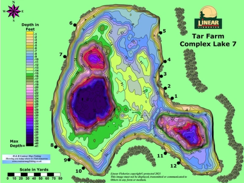 A scenic view of Tar Farm Lake No. 7 at Linear Fisheries, a popular carp fishing venue in Oxfordshire.