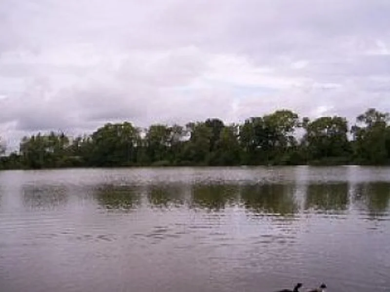 A scenic view of Tockenham Reservoir, a challenging carp fishing club water in Wiltshire.